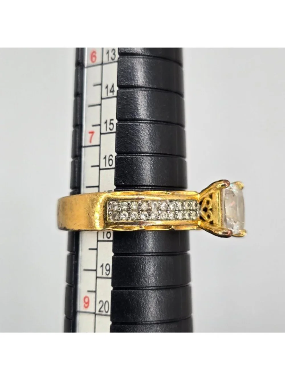 SETA Vintage Faux Engagement Ring Gold Tone Princess cut Rhinestone Sz 8 Signed